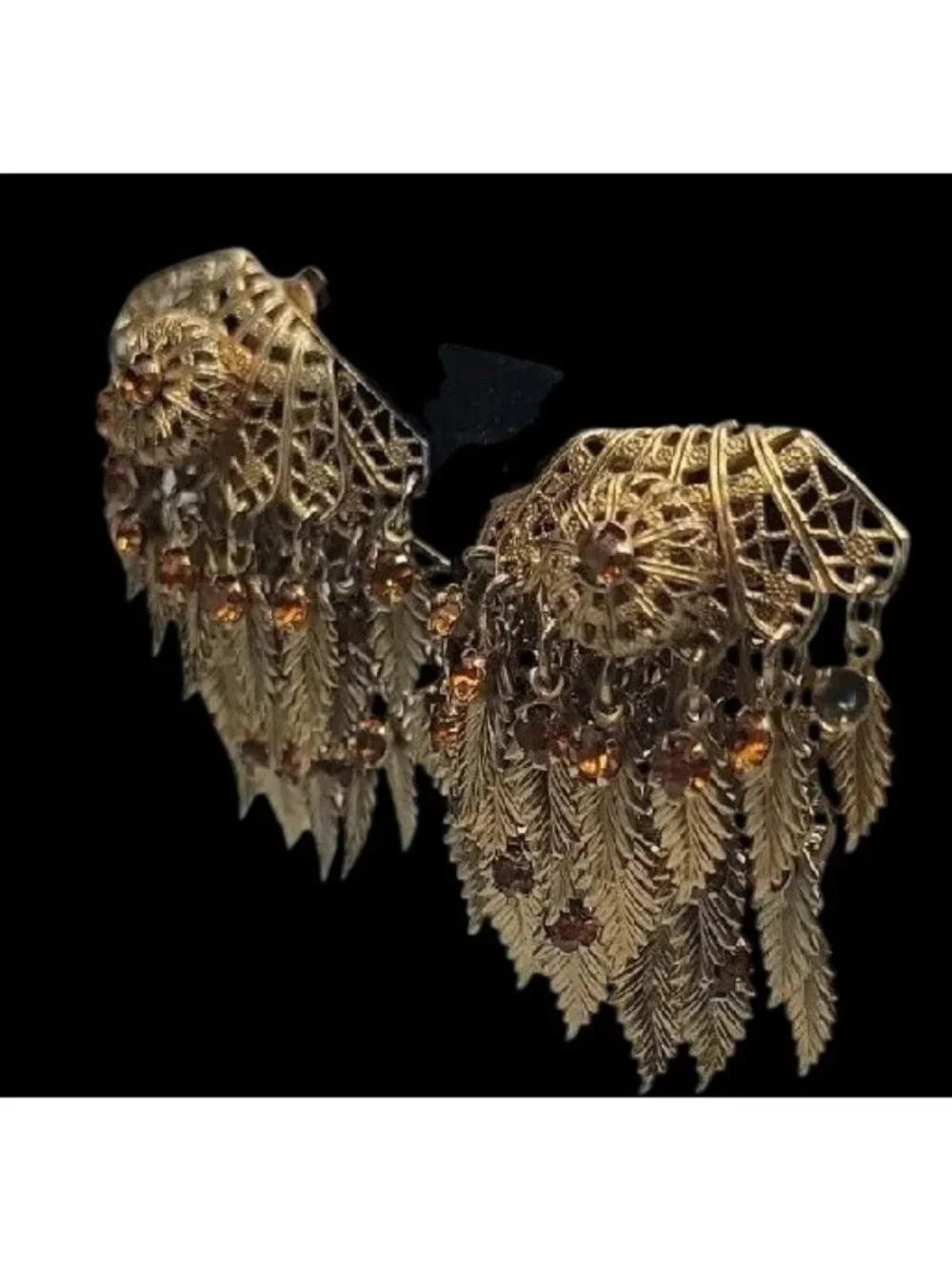 VTG Miriam Haskell Feather Rhinestones Clip On Earrings 1930s Statement Unsigned - Picture 4 of 15